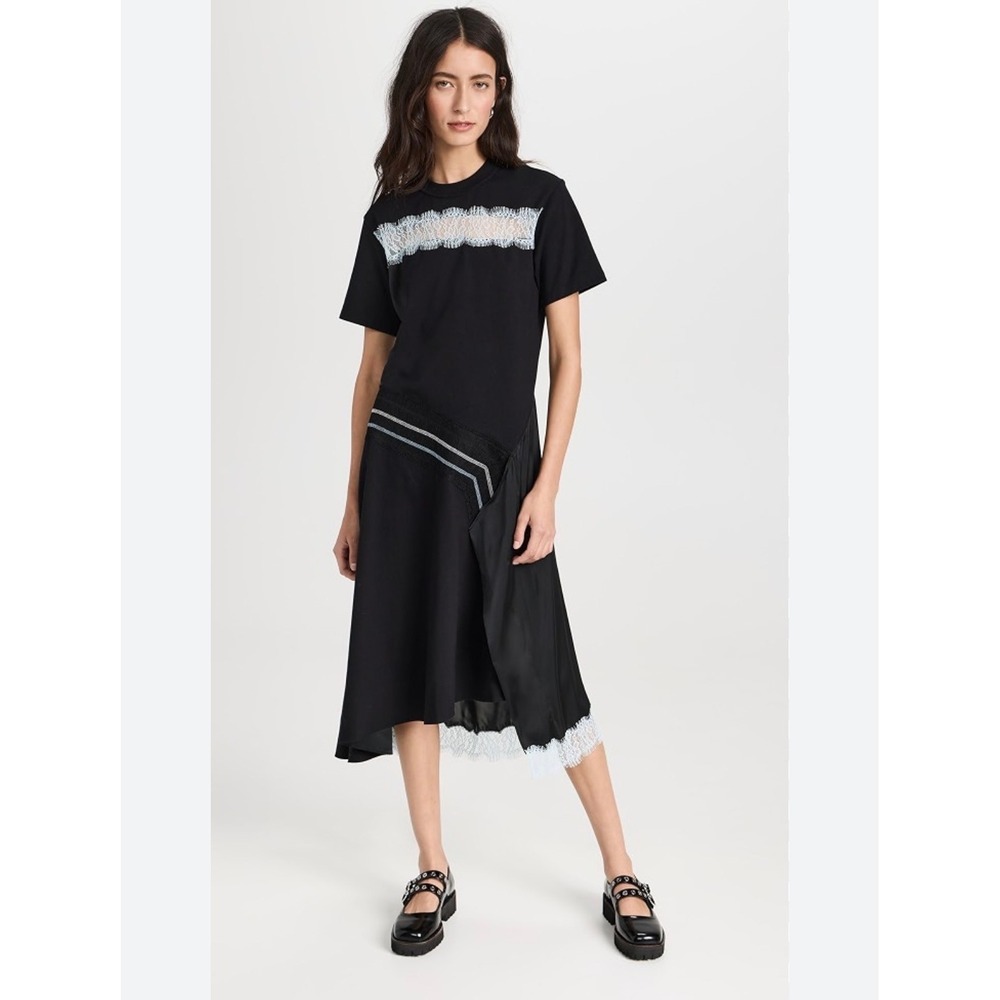 3.1 Phillip Lim Black Lace Trim Mixed Media Asymmetrical Midi T-Shirt Dress S